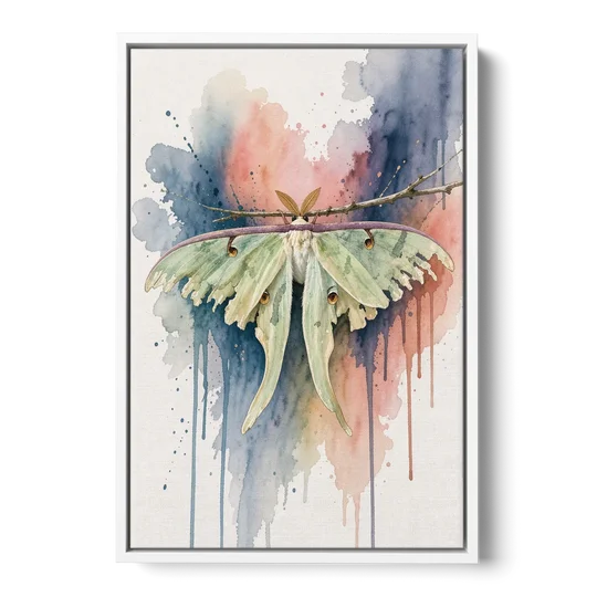 Insect Wall Art with a Luna Moth at Dusk - White Framed Canvas Wall Art - Front