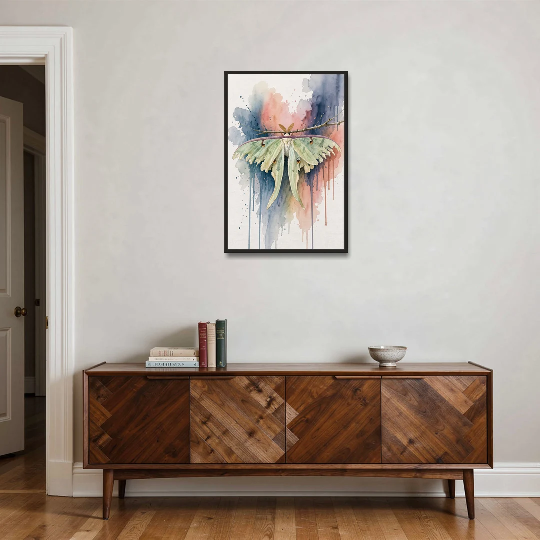 Insect Wall Art with a Luna Moth at Dusk - Black Framed Canvas Wall Art - Coffee Table - 24x36