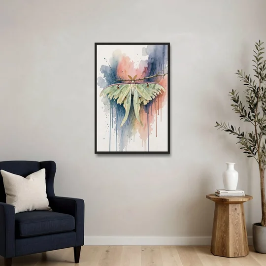 Insect Wall Art with a Luna Moth at Dusk - Black Framed Canvas Wall Art - Sofa - 24x36