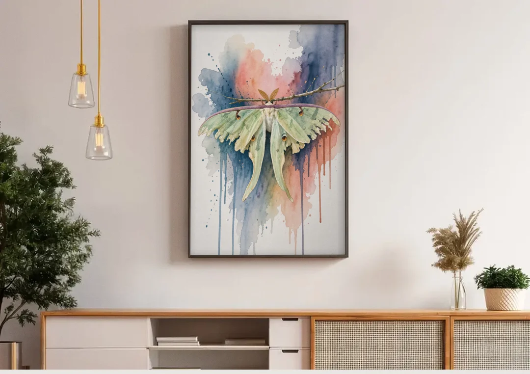 Insect Wall Art with a Luna Moth at Dusk canvas wall art above a wooden sideboard under pendant lights