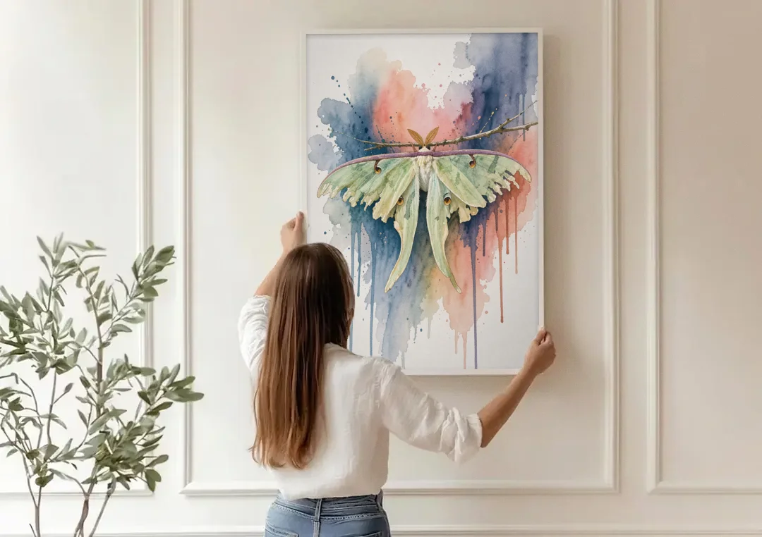 Insect Wall Art with a Luna Moth at Dusk canvas wall art being hung on a paneled wall