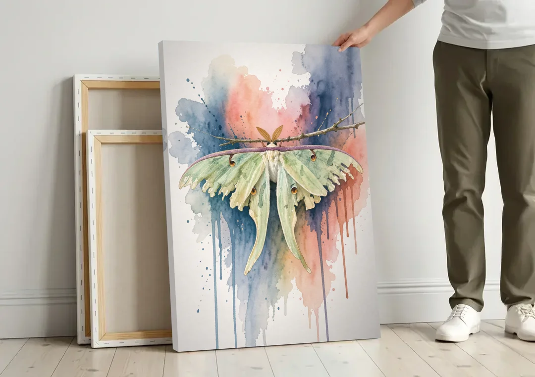 Insect Wall Art with a Luna Moth at Dusk canvas wall art leaning against a wall next to blank canvases