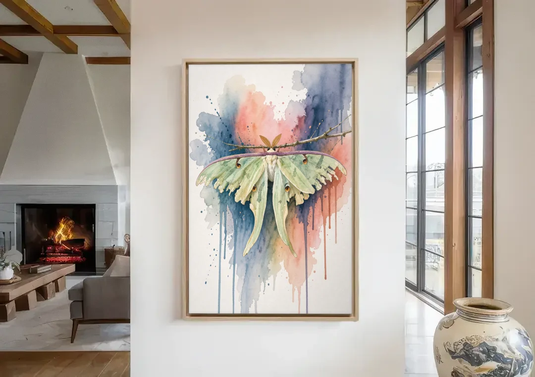 Insect Wall Art with a Luna Moth at Dusk canvas wall art in a living room with a fireplace