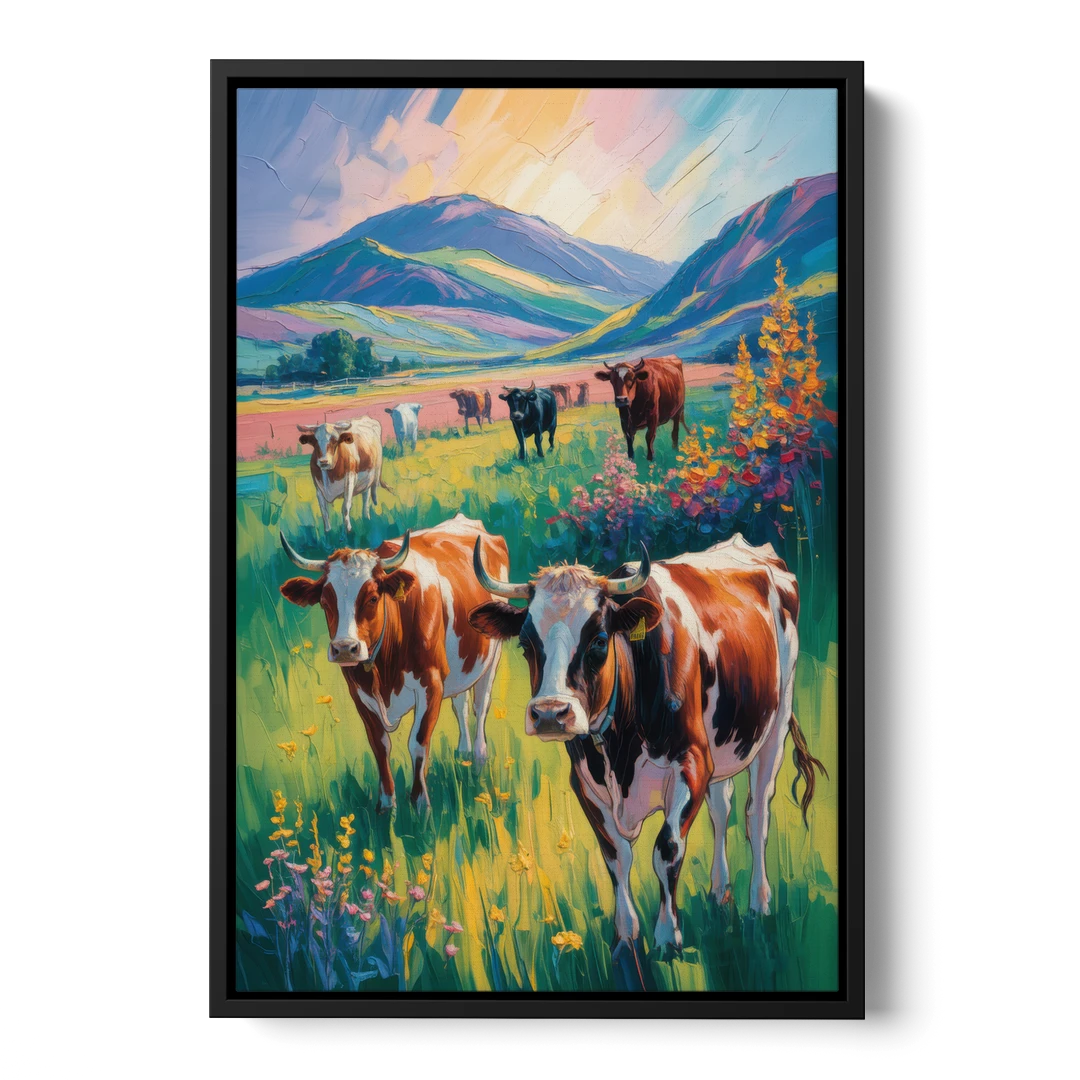 Inspirational Cow and Mountain - Black Framed Canvas Wall Art - Front
