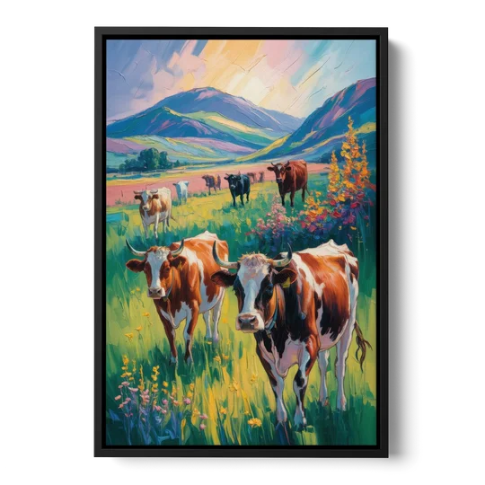 Inspirational Cow and Mountain - Black Framed Canvas Wall Art - Front