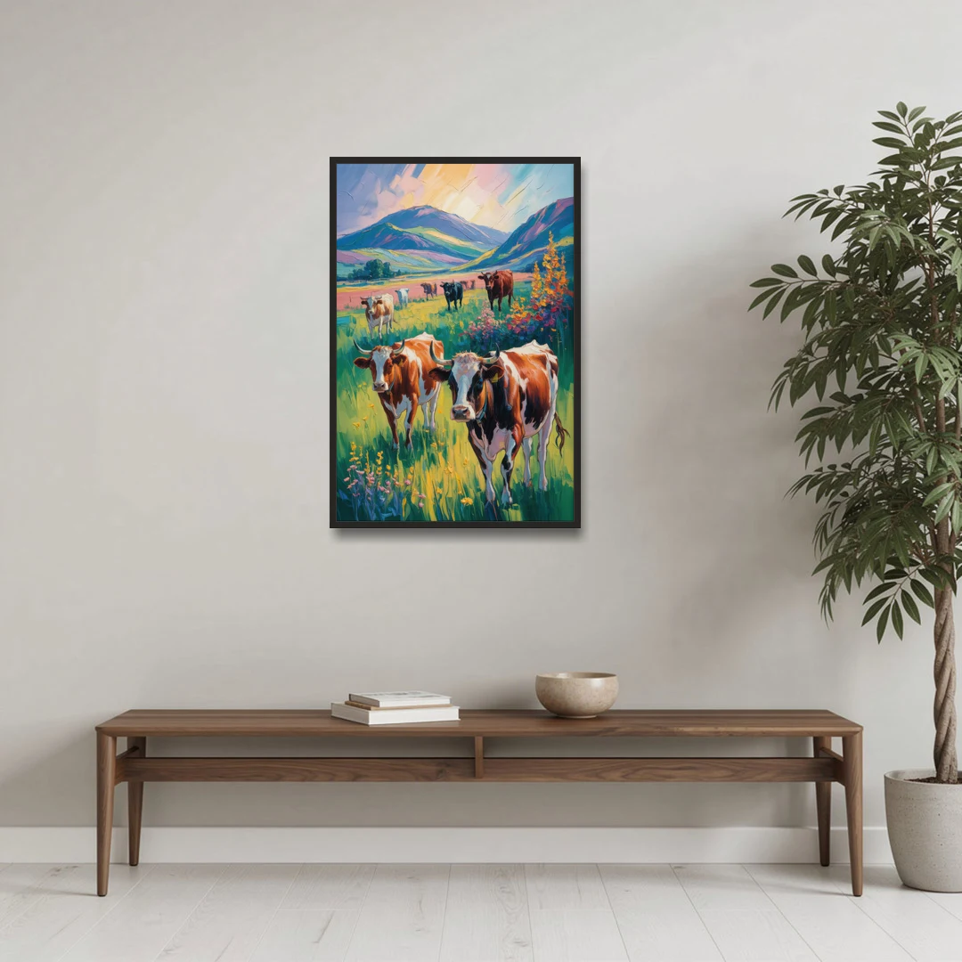 Inspirational Cow and Mountain - Black Framed Canvas Wall Art - Coffee Table - 24x36