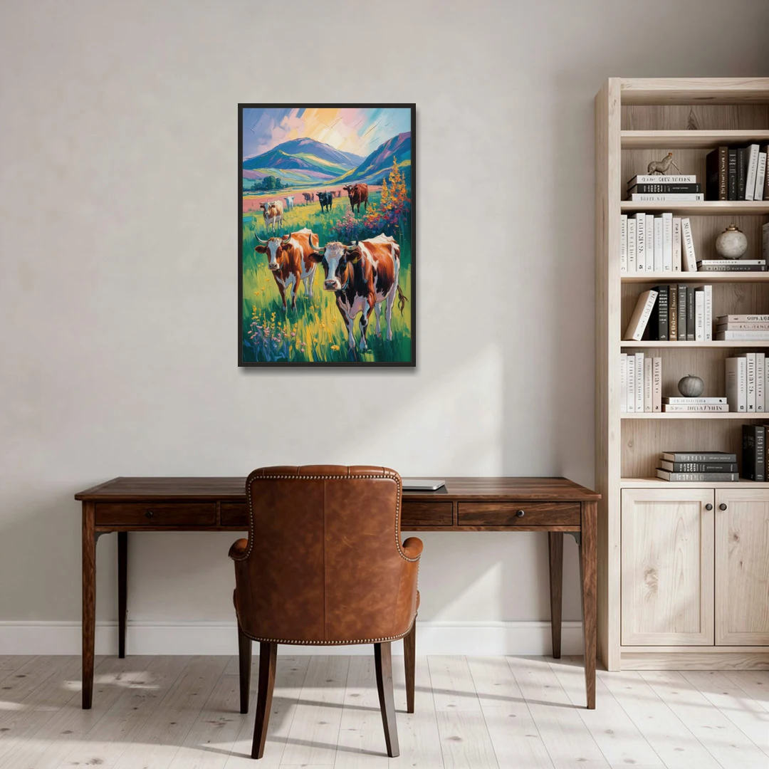 Inspirational Cow and Mountain - Black Framed Canvas Wall Art - Office - 24x36