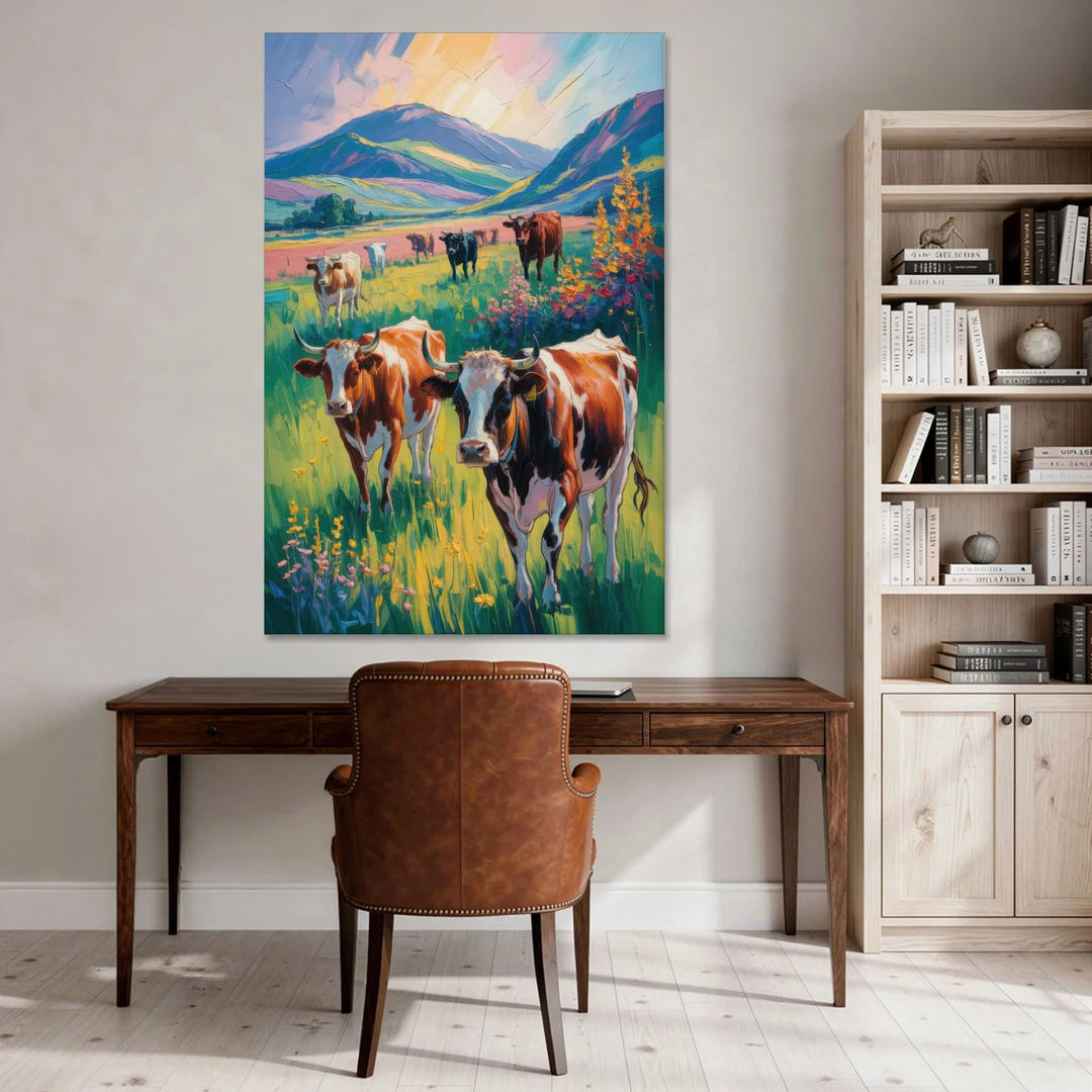 Inspirational Cow and Mountain - Canvas Wall Art - Office - 40x60