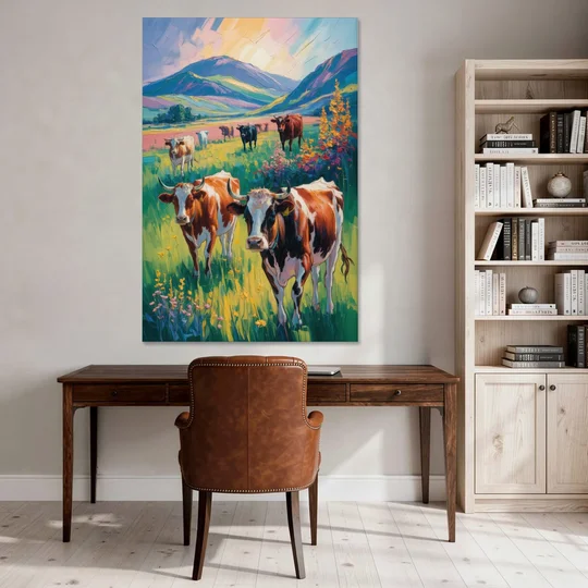 Inspirational Cow and Mountain - Canvas Wall Art - Office - 40x60