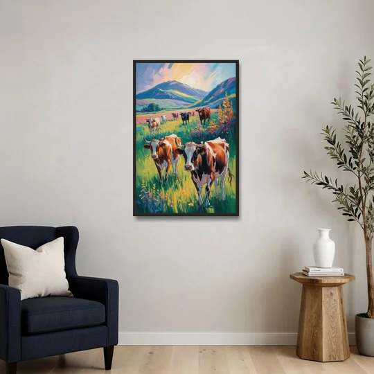 Inspirational Cow and Mountain - Black Framed Canvas Wall Art - Sofa - 24x36