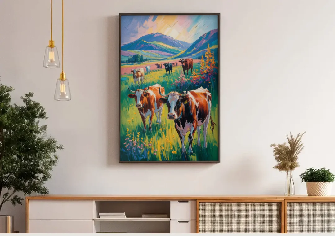 Inspirational Cow and Mountain canvas wall art above a wooden sideboard under pendant lights