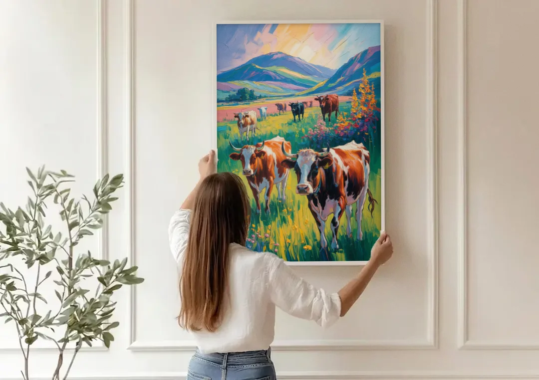 Inspirational Cow and Mountain canvas wall art being hung on a paneled wall