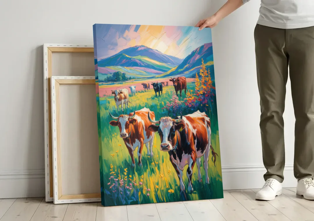 Inspirational Cow and Mountain canvas wall art leaning against a wall next to blank canvases
