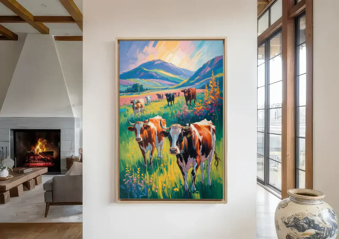 Inspirational Cow and Mountain canvas wall art in a living room with a fireplace