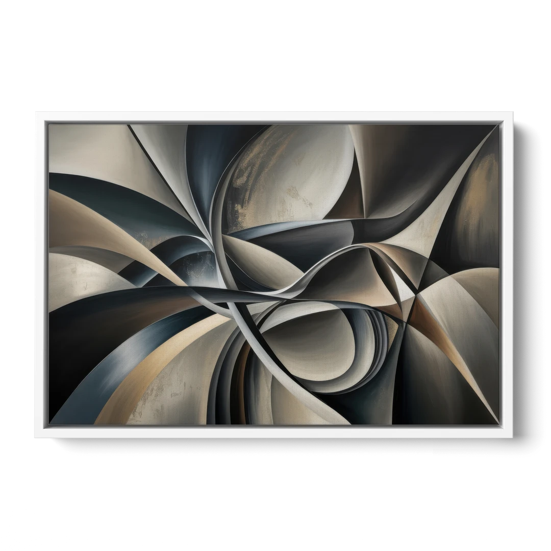 Intertwined Elegance Black and Grey Abstract - White Framed Canvas Wall Art - Front
