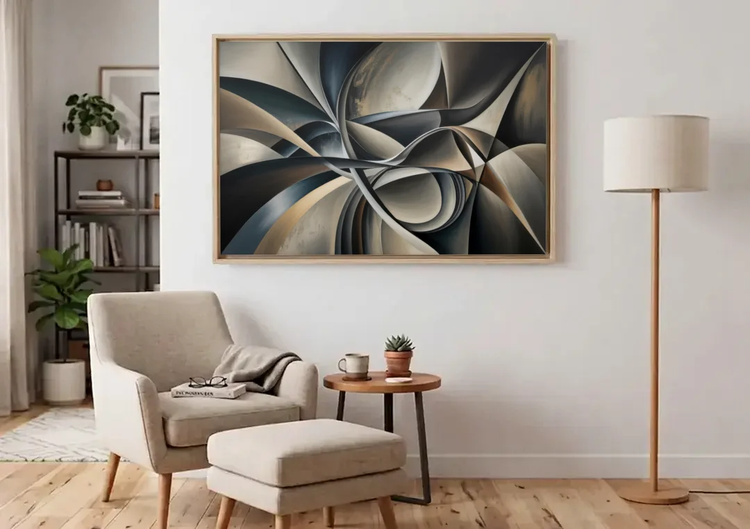 Intertwined Elegance Black and Grey Abstract canvas wall art above an armchair in a bright living room