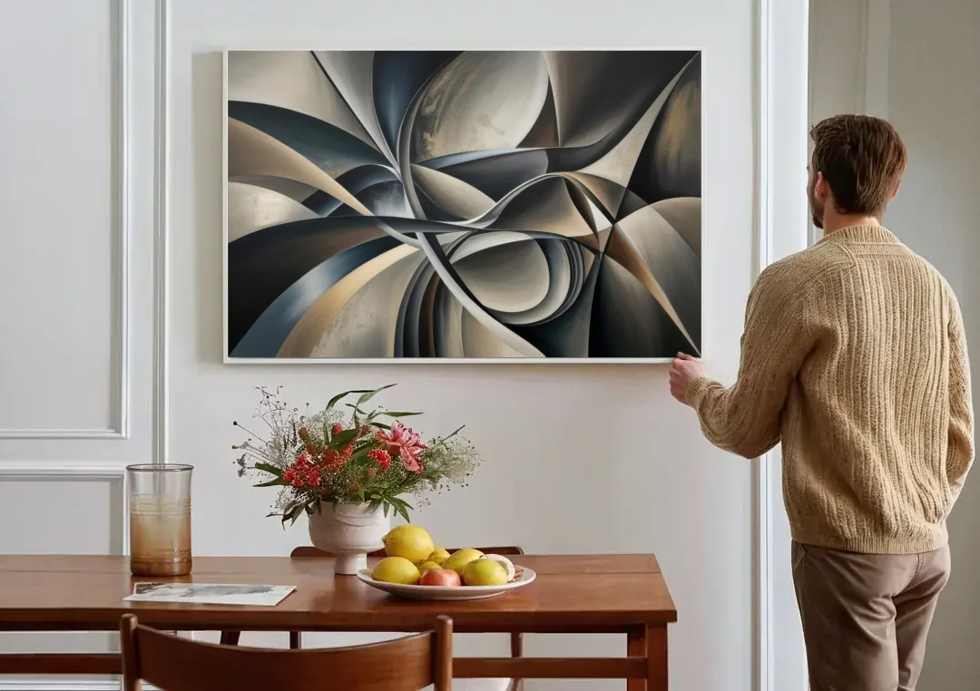 Intertwined Elegance Black and Grey Abstract canvas wall art above a dining table