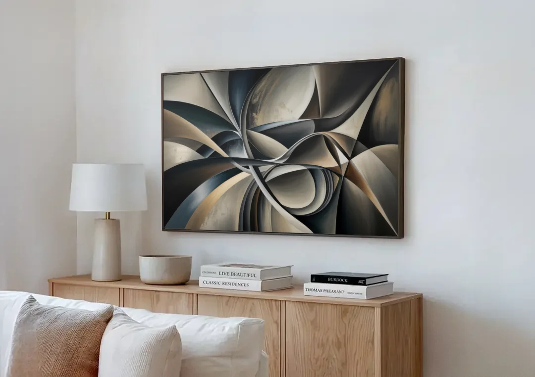 Intertwined Elegance Black and Grey Abstract canvas wall art above a wooden sideboard next to a sofa
