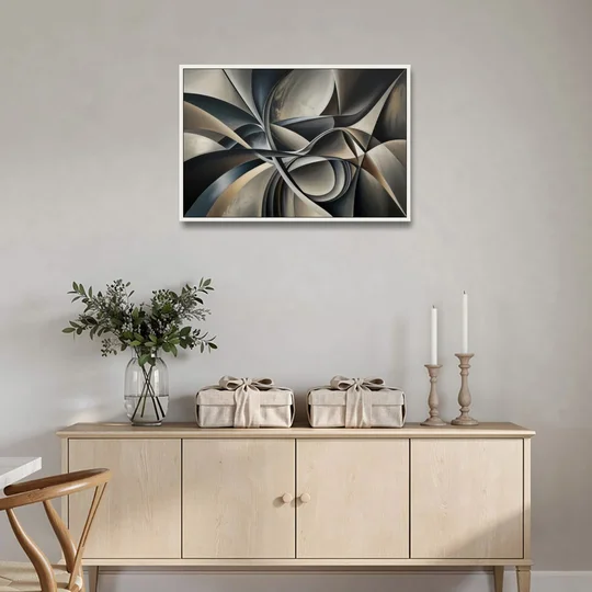 Intertwined Elegance Black and Grey Abstract - White Framed Canvas Wall Art - Coffee Table - 36x24