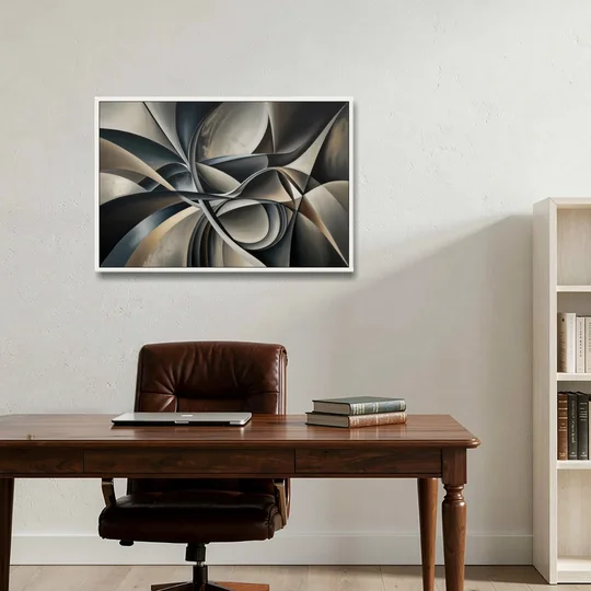 Intertwined Elegance Black and Grey Abstract - White Framed Canvas Wall Art - Office - 36x24