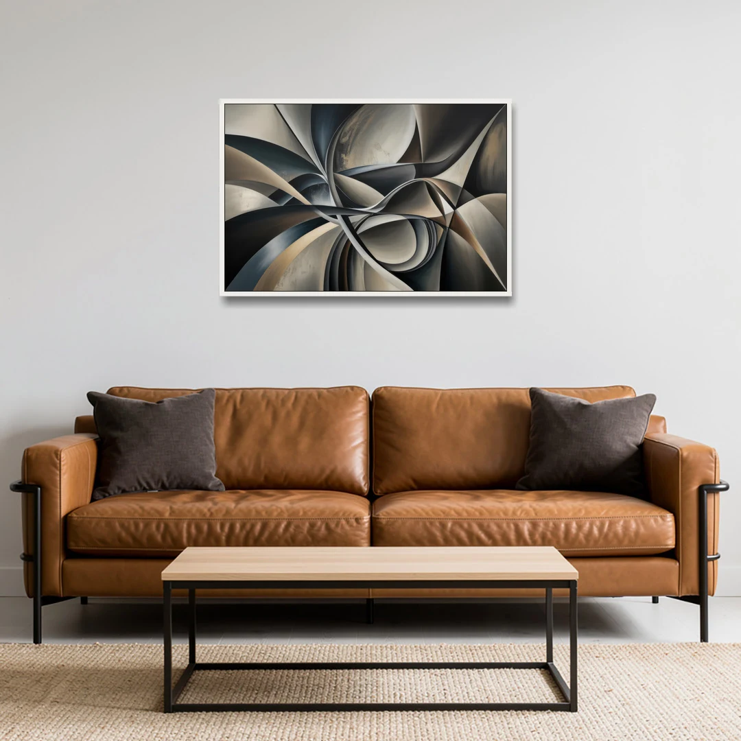 Intertwined Elegance Black and Grey Abstract - White Framed Canvas Wall Art - Sofa - 36x24