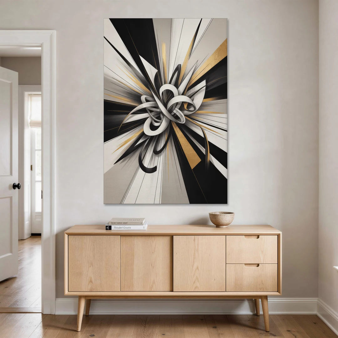 Intertwined Elegance Black White and Gold Abstract - Canvas Wall Art - Coffee Table - 40x60