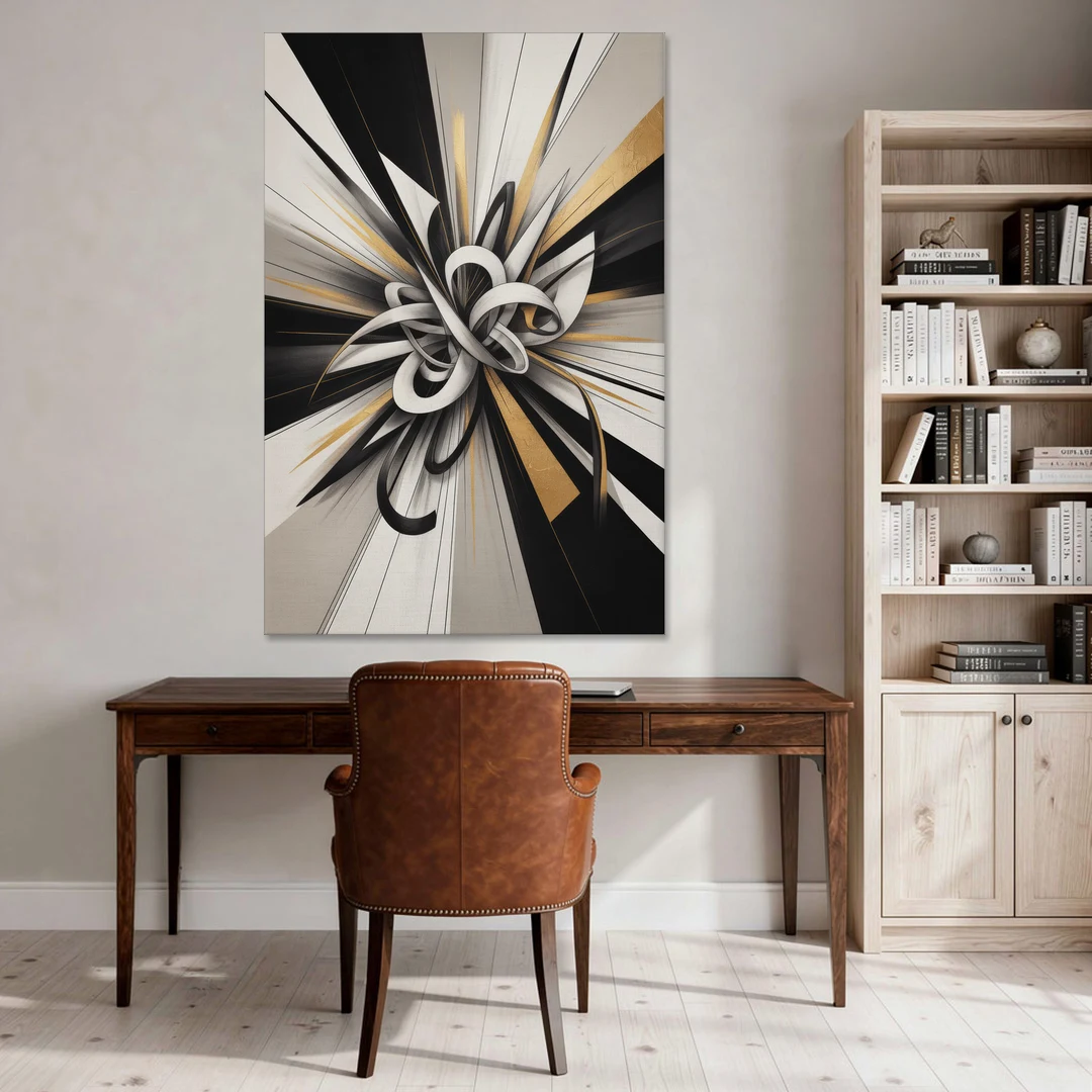 Intertwined Elegance Black White and Gold Abstract - Canvas Wall Art - Office - 40x60