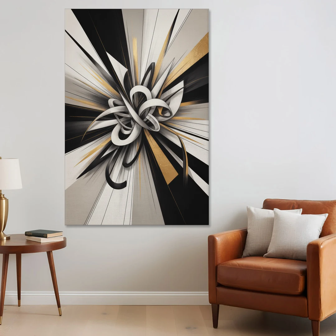 Intertwined Elegance Black White and Gold Abstract - Canvas Wall Art - Sofa - 40x60