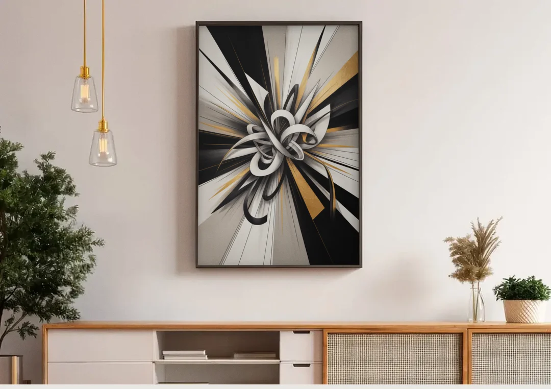 Intertwined Elegance Black White and Gold Abstract canvas wall art above a wooden sideboard under pendant lights