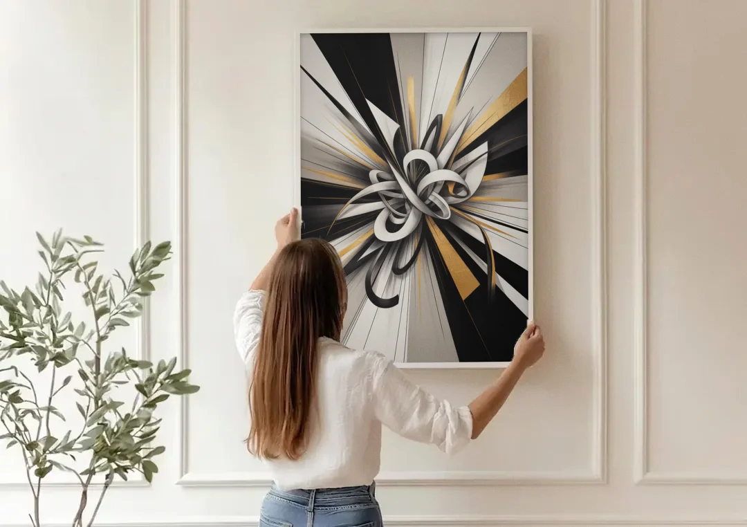 Intertwined Elegance Black White and Gold Abstract canvas wall art being hung on a paneled wall