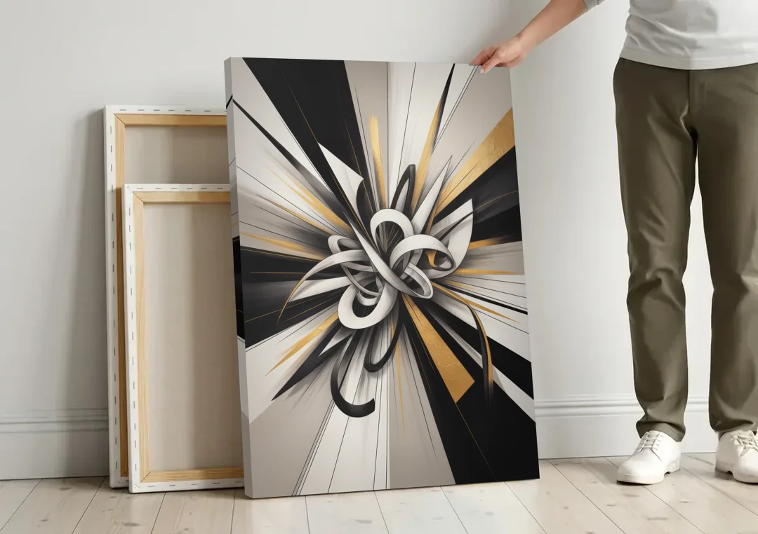 Intertwined Elegance Black White and Gold Abstract canvas wall art leaning against a wall next to blank canvases
