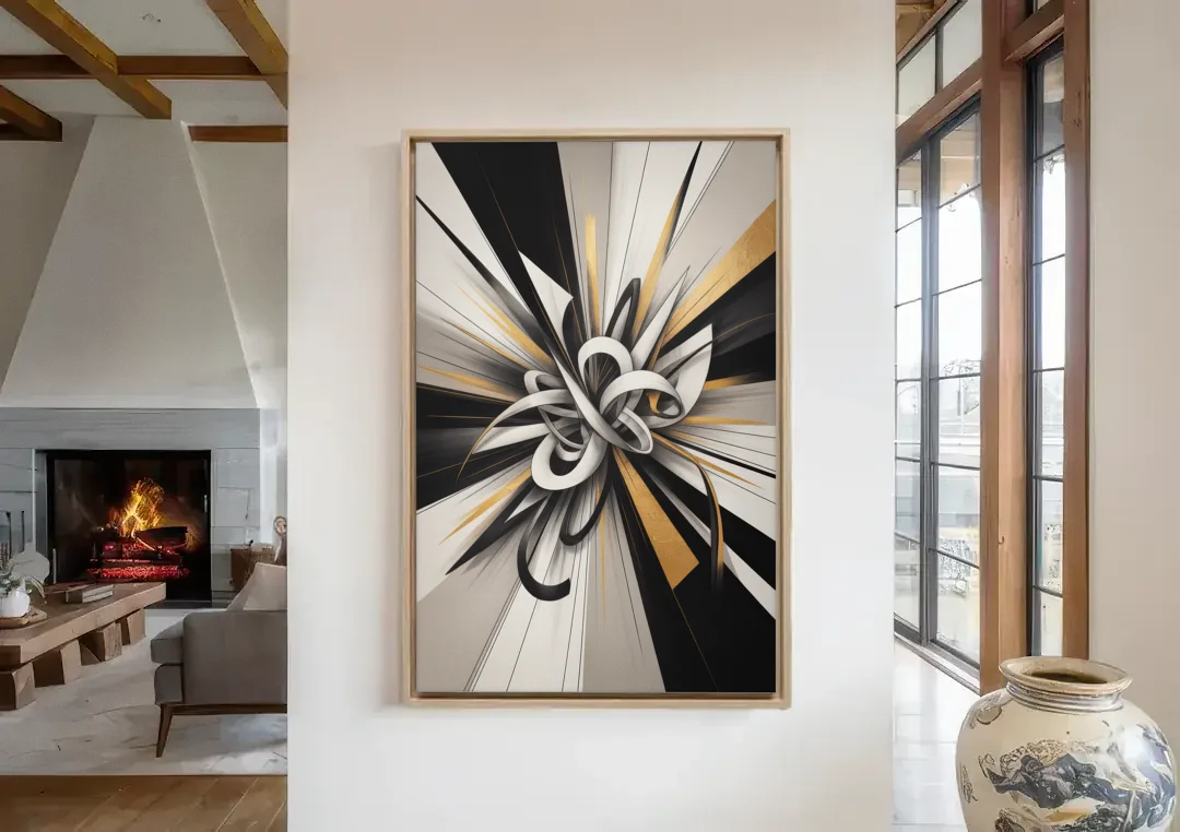 Intertwined Elegance Black White and Gold Abstract canvas wall art in a living room with a fireplace