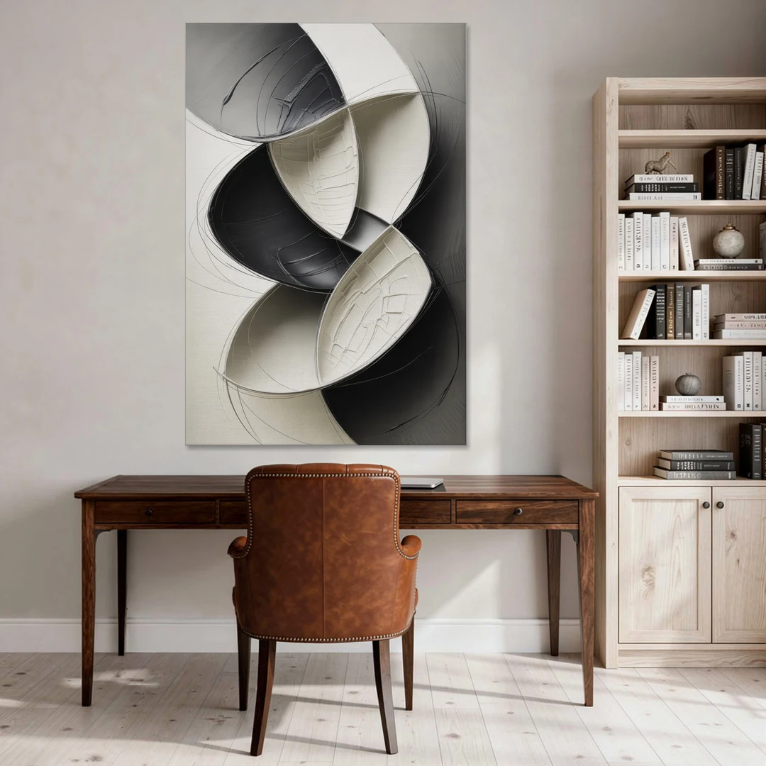 Intertwined Geometric Sophistication Black and White Abstract - Canvas Wall Art - Office - 40x60