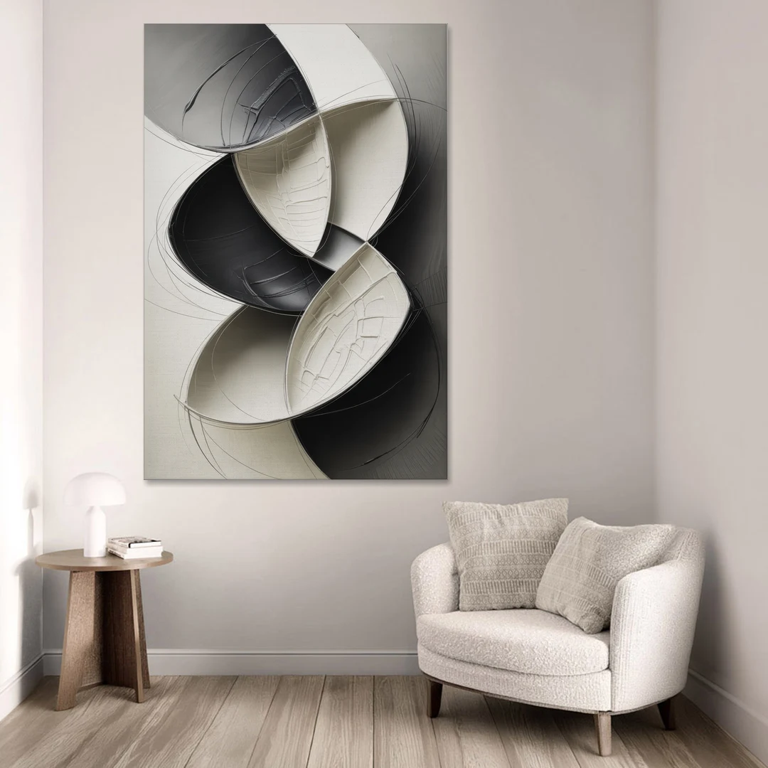 Intertwined Geometric Sophistication Black and White Abstract - Canvas Wall Art - Sofa - 40x60