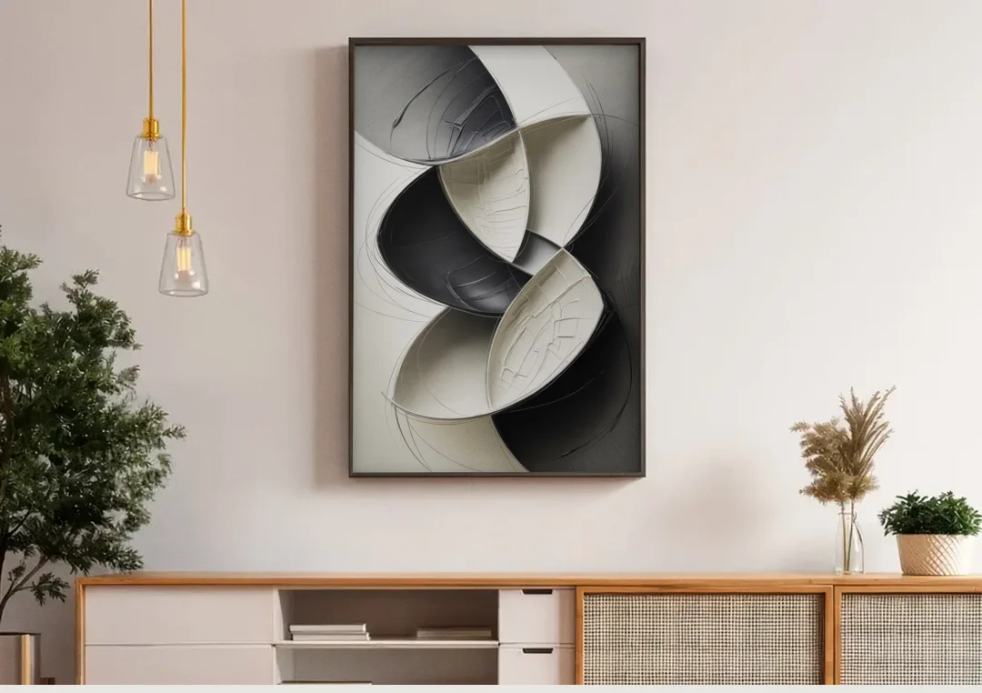 Intertwined Geometric Sophistication Black and White Abstract canvas wall art above a wooden sideboard under pendant lights