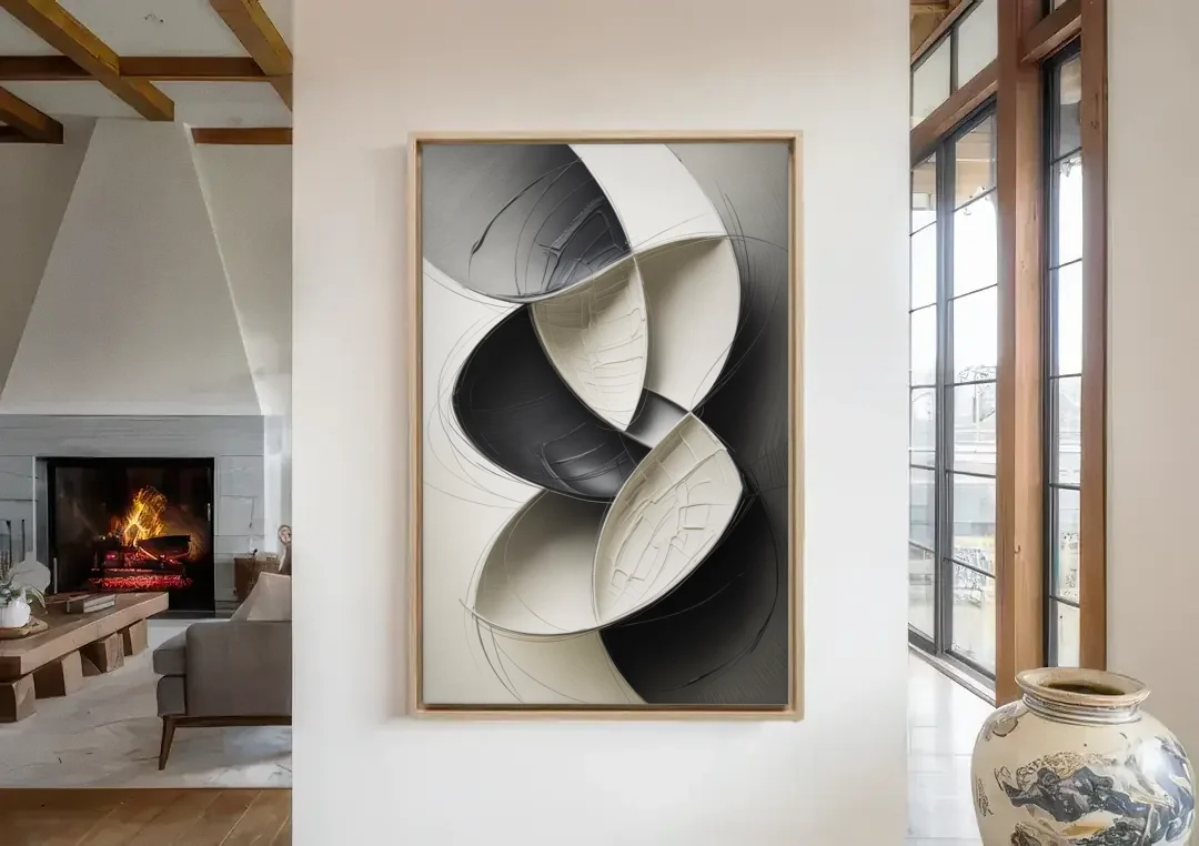 Intertwined Geometric Sophistication Black and White Abstract canvas wall art in a living room with a fireplace