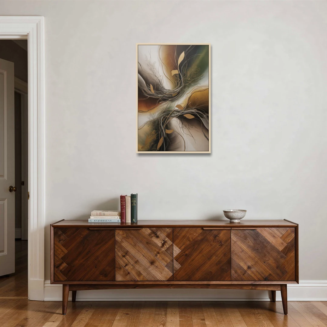 Intertwined Organic Harmony Brown Abstract - Oak Framed Canvas Wall Art - Coffee Table - 24x36
