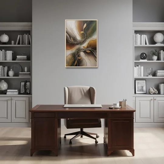 Intertwined Organic Harmony Brown Abstract - Oak Framed Canvas Wall Art - Office - 24x36