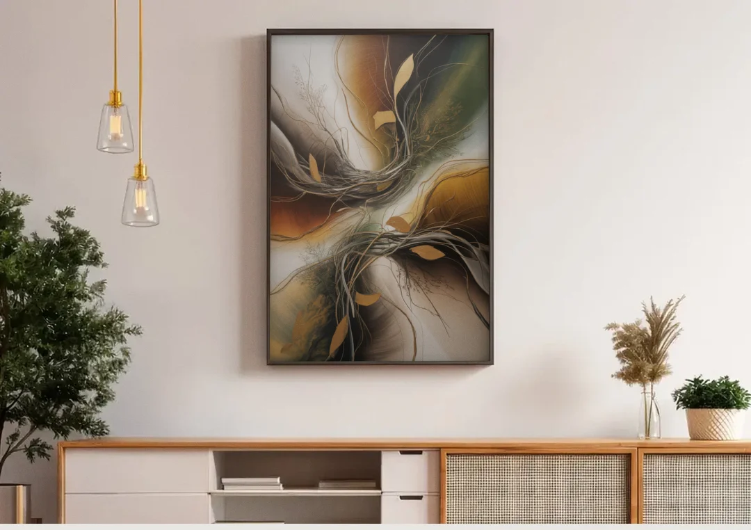 Intertwined Organic Harmony Brown Abstract canvas wall art above a wooden sideboard under pendant lights