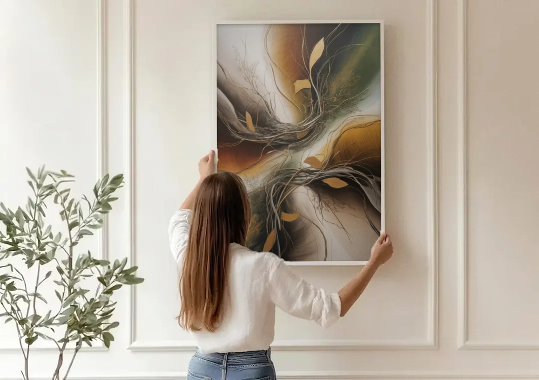 Intertwined Organic Harmony Brown Abstract canvas wall art being hung on a paneled wall