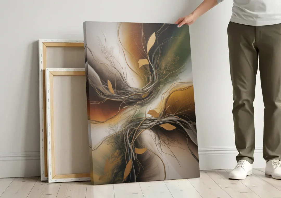 Intertwined Organic Harmony Brown Abstract canvas wall art leaning against a wall next to blank canvases