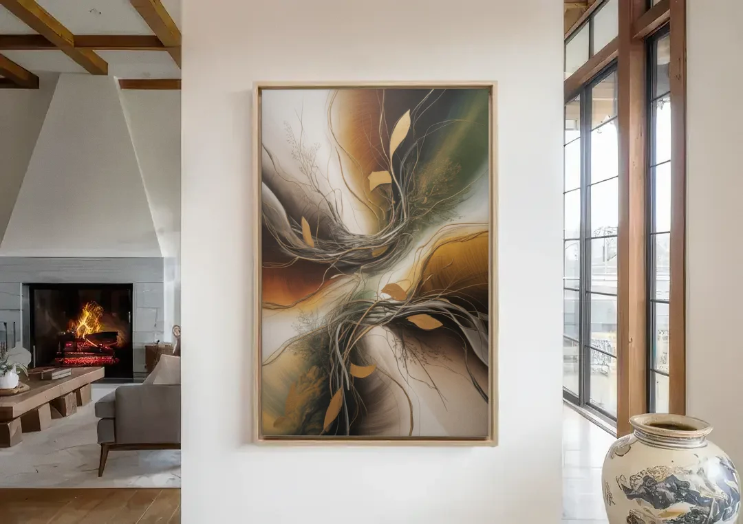 Intertwined Organic Harmony Brown Abstract canvas wall art in a living room with a fireplace