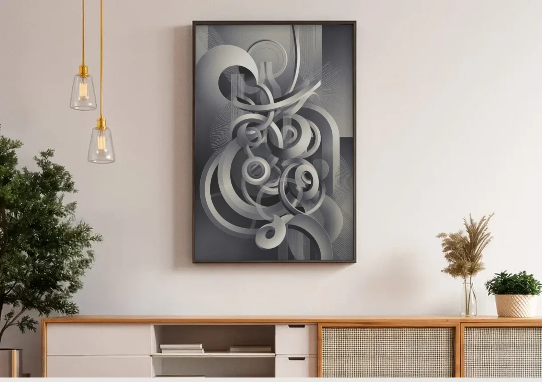Interwoven Serenity Grey and White Abstract canvas wall art above a wooden sideboard under pendant lights
