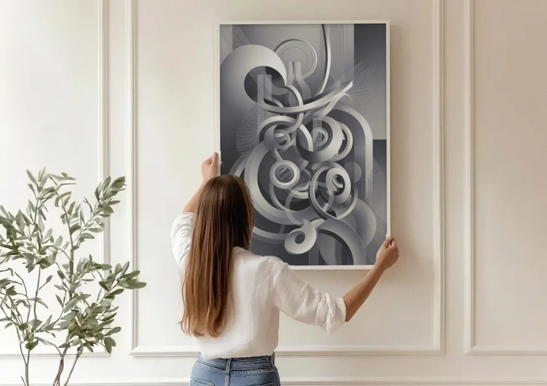 Interwoven Serenity Grey and White Abstract canvas wall art being hung on a paneled wall