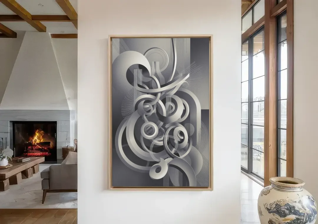 Interwoven Serenity Grey and White Abstract canvas wall art in a living room with a fireplace