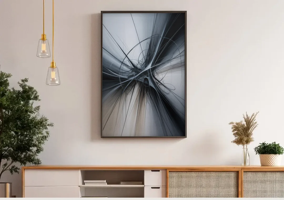 Interwoven Shadows Black and Grey Abstract canvas wall art above a wooden sideboard under pendant lights
