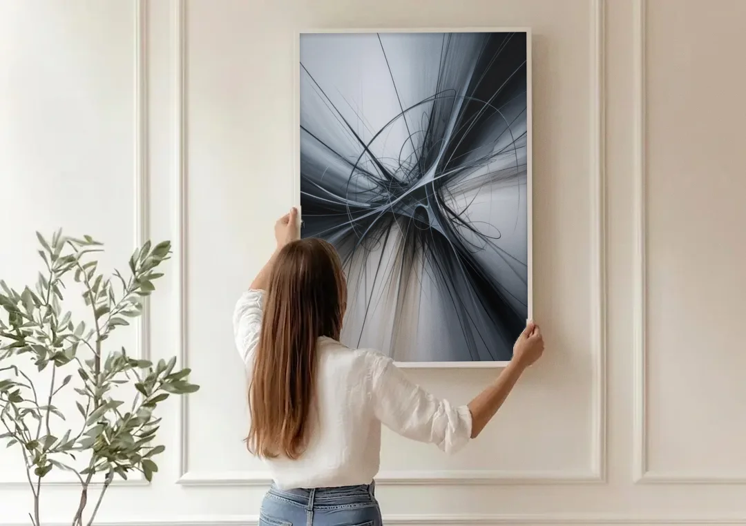 Interwoven Shadows Black and Grey Abstract canvas wall art being hung on a paneled wall