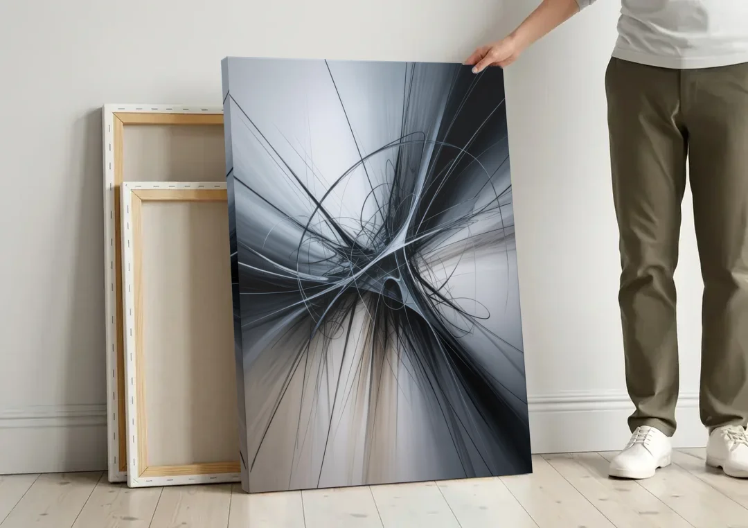 Interwoven Shadows Black and Grey Abstract canvas wall art leaning against a wall next to blank canvases
