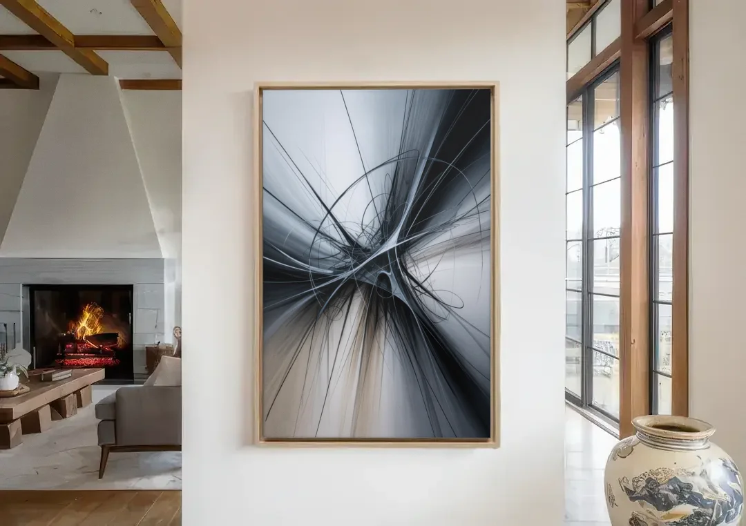 Interwoven Shadows Black and Grey Abstract canvas wall art in a living room with a fireplace