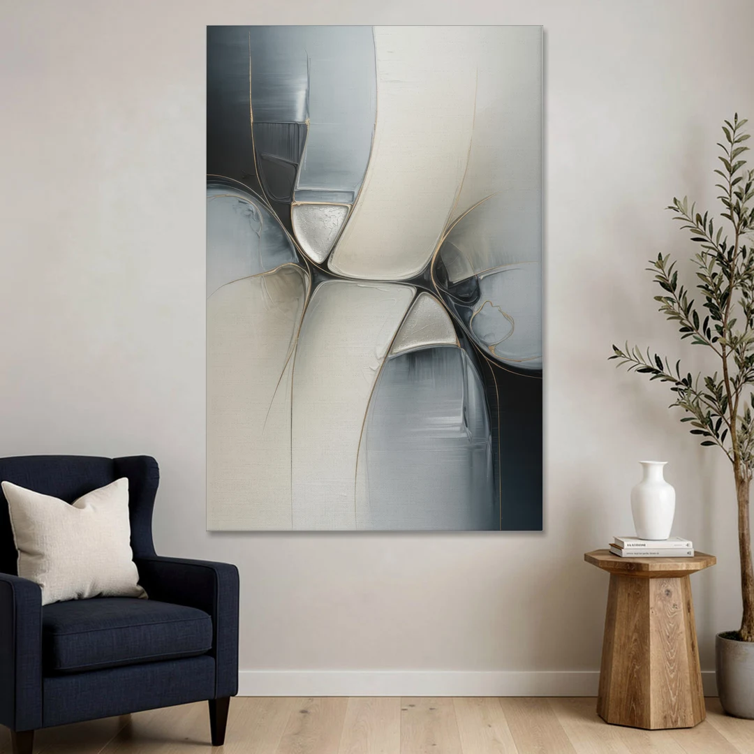 Intricate Harmony Grey and White Abstract - Canvas Wall Art - Sofa - 40x60